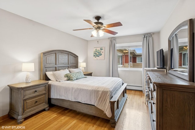 bedroom with baseboard heating, light wood finished floors, and a ceiling fan