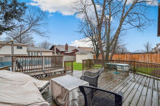 3304 193rd St, Lansing, IL 60438 - deck featuring an outdoor structure, a storage shed, a fenced backyard, and a residential view