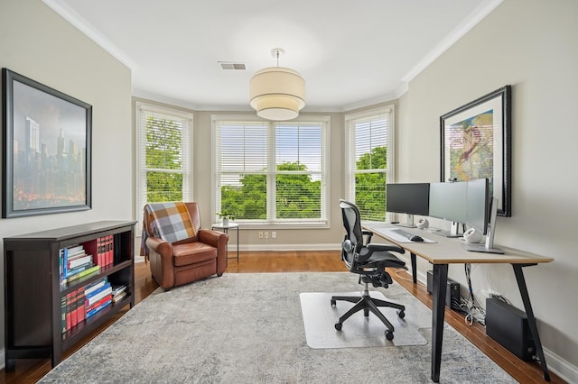 2056 Valor Ct, Glenview, IL 60026 - office area with ornamental molding, wood finished floors, healthy amount of natural light, and baseboards