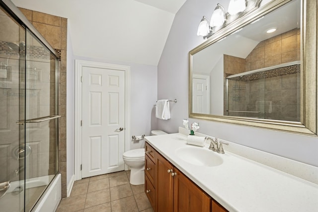 2056 Valor Ct, Glenview, IL 60026 - full bathroom with toilet, lofted ceiling, vanity, tile patterned floors, and bath / shower combo with glass door