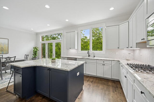 2056 Valor Ct, Glenview, IL 60026 - kitchen featuring stainless steel appliances, a sink, a center island, backsplash, and ornamental molding