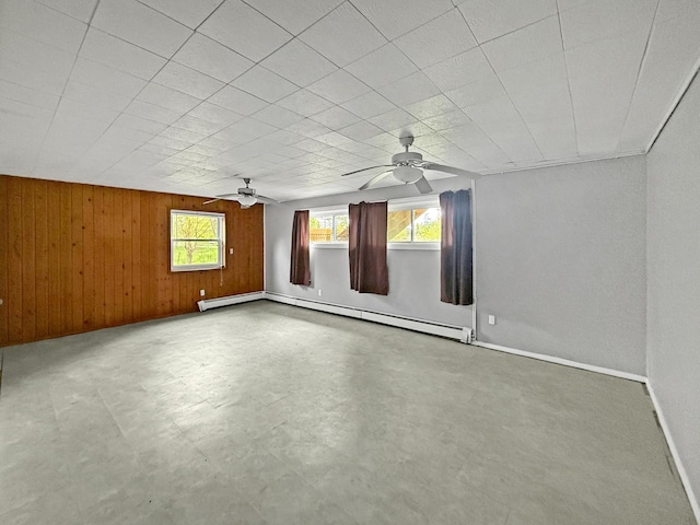 1612 Parkside Ct, Freeport, IL 61032 - unfurnished room featuring a ceiling fan, wooden walls, baseboards, baseboard heating, and a baseboard radiator