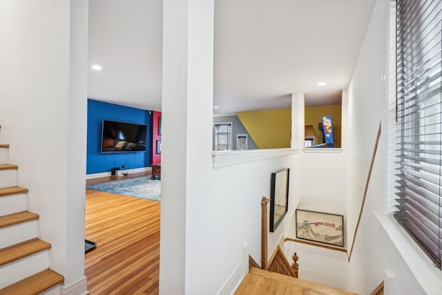 1348 W Wellington Ave Unit 3, Chicago, IL 60657 - stairway featuring wood finished floors, baseboards, and recessed lighting
