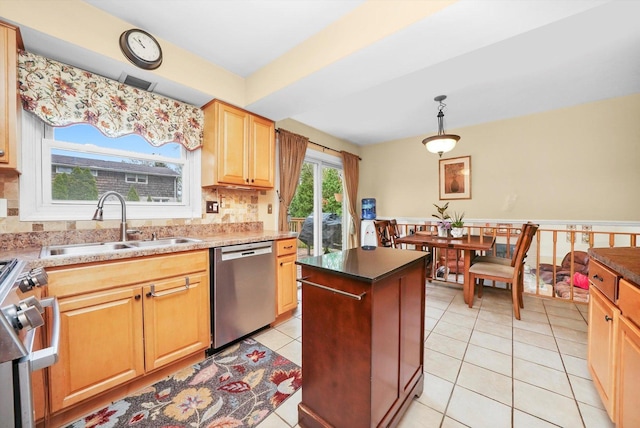 7513 Rohrer Dr, Downers Grove, IL 60516 - kitchen featuring a center island, dishwasher, stove, a sink, and decorative backsplash