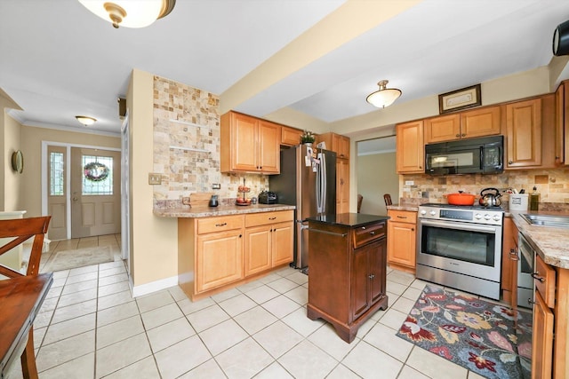 7513 Rohrer Dr, Downers Grove, IL 60516 - kitchen with ornamental molding, light tile patterned flooring, a sink, tasteful backsplash, and appliances with stainless steel finishes