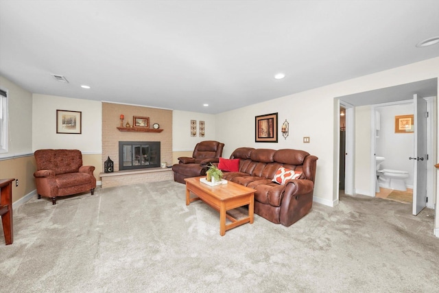 7513 Rohrer Dr, Downers Grove, IL 60516 - living room featuring carpet, a brick fireplace, visible vents, baseboards, and recessed lighting