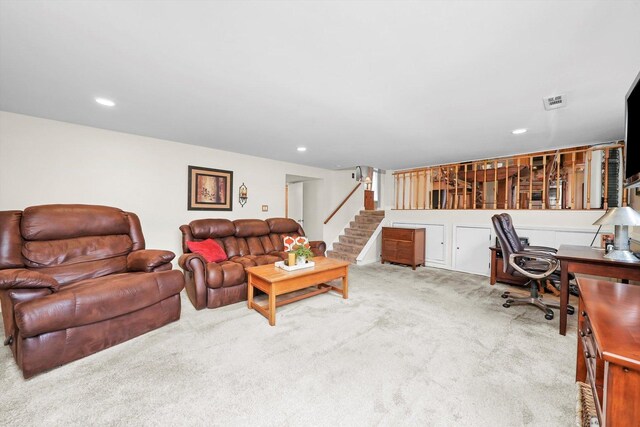 7513 Rohrer Dr, Downers Grove, IL 60516 - living room featuring stairway, visible vents, recessed lighting, and carpet floors