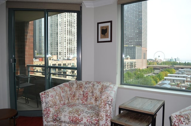 440 N Mcclurg Ct Unit 1017, Chicago, IL 60611 - sitting room featuring a view of city, healthy amount of natural light, ornamental molding, and wood finished floors