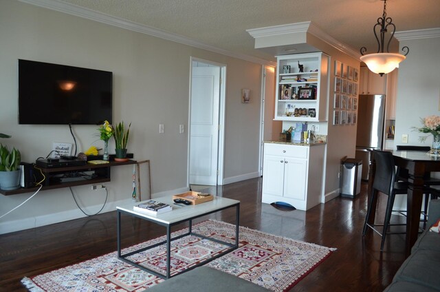 440 N Mcclurg Ct Unit 1017, Chicago, IL 60611 - living area featuring crown molding, dark wood-style floors, bar, and baseboards