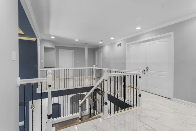 440 Delaware Cir, Bolingbrook, IL 60440 - hallway featuring an upstairs landing, recessed lighting, crown molding, and marble look tiles