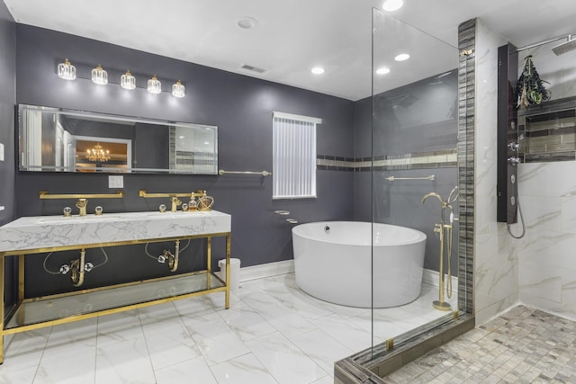 440 Delaware Cir, Bolingbrook, IL 60440 - full bath featuring a soaking tub, a stall shower, double vanity, marble look tile flooring, and recessed lighting
