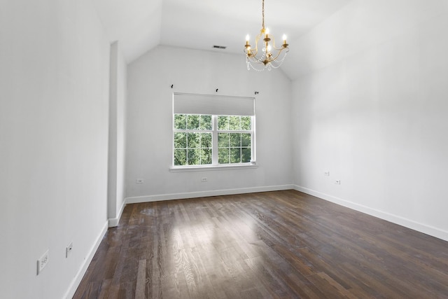 440 Delaware Cir, Bolingbrook, IL 60440 - empty room with a chandelier, vaulted ceiling, and dark wood-style floors