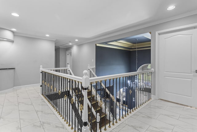 440 Delaware Cir, Bolingbrook, IL 60440 - hall with marble finish flooring, ornamental molding, recessed lighting, and an upstairs landing