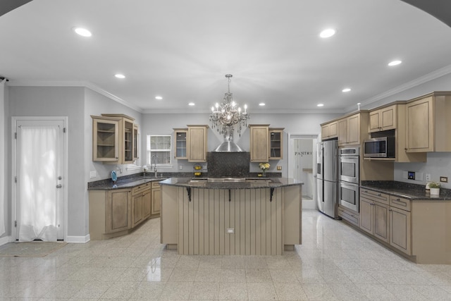 440 Delaware Cir, Bolingbrook, IL 60440 - kitchen featuring appliances with stainless steel finishes, granite tiled floors, a center island, a breakfast bar, and a chandelier