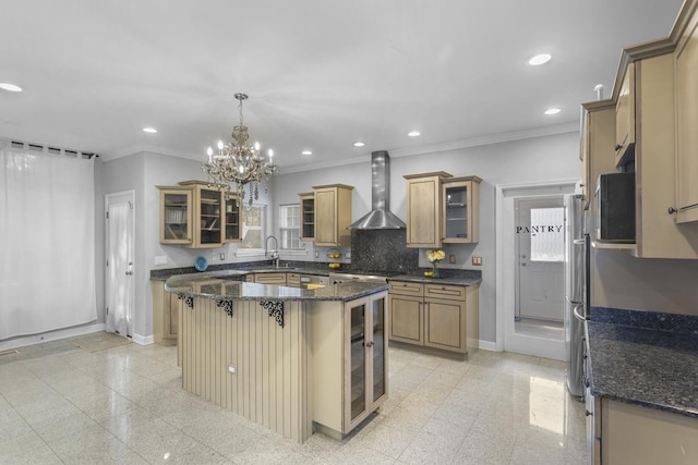 440 Delaware Cir, Bolingbrook, IL 60440 - kitchen with wall chimney exhaust hood, granite tiled floors, a breakfast bar area, crown molding, and recessed lighting
