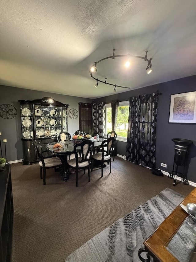 dining room with rail lighting, a textured ceiling, carpet flooring, and baseboards