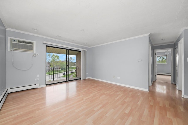 9960 Franchesca Ct Unit 3A, Orland Park, IL 60462 - empty room featuring a baseboard radiator, a healthy amount of sunlight, light wood-type flooring, and an AC wall unit