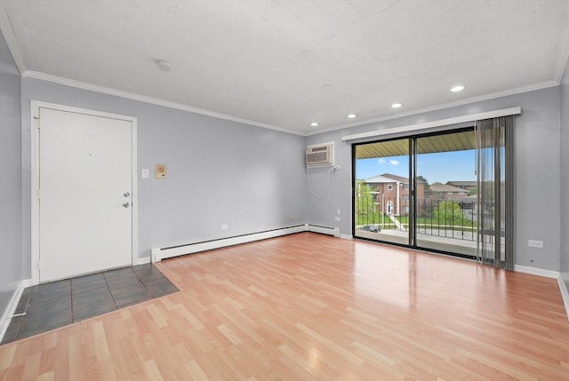 9960 Franchesca Ct Unit 3A, Orland Park, IL 60462 - unfurnished living room featuring wood finished floors, baseboards, baseboard heating, a wall mounted AC, and recessed lighting
