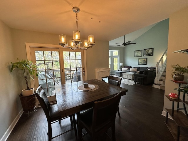 14609 Morningside Rd, Orland Park, IL 60462 - dining area featuring healthy amount of natural light, a chandelier, ceiling fan, dark wood-type flooring, and vaulted ceiling