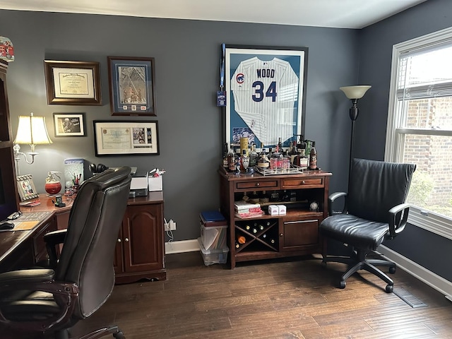 14609 Morningside Rd, Orland Park, IL 60462 - office area with healthy amount of natural light, dark wood-type flooring, and baseboards