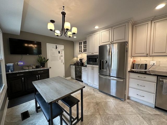 14609 Morningside Rd, Orland Park, IL 60462 - kitchen with stainless steel appliances, beverage cooler, a chandelier, recessed lighting, and backsplash