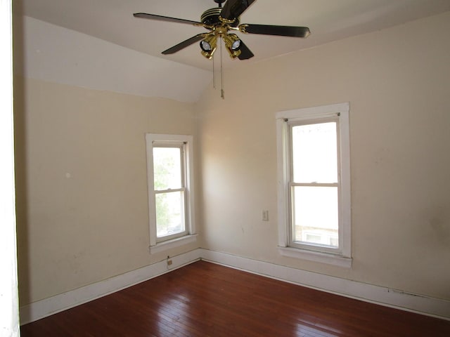 8742 S Racine Ave, Chicago, IL 60620 - empty room featuring wood-type flooring, baseboards, ceiling fan, and lofted ceiling