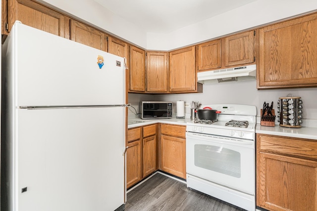 931 Old Oak Cir, Algonquin, IL 60102 - kitchen featuring white appliances, under cabinet range hood, light countertops, and dark wood-style floors