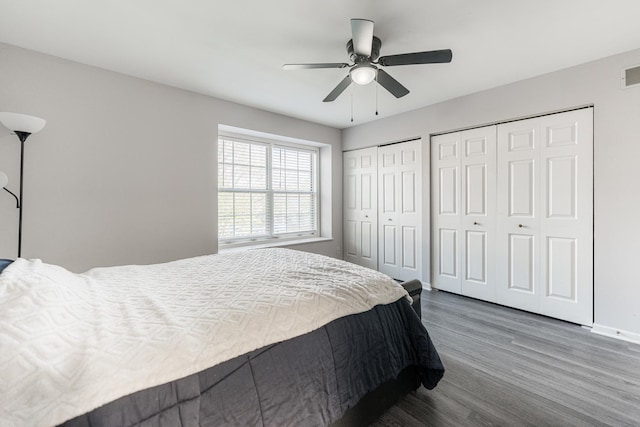 931 Old Oak Cir, Algonquin, IL 60102 - bedroom featuring two closets, wood finished floors, baseboards, and a ceiling fan