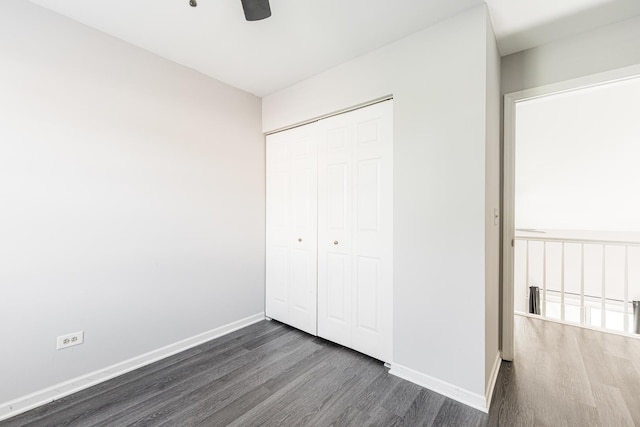 931 Old Oak Cir, Algonquin, IL 60102 - unfurnished bedroom with dark wood finished floors, a closet, baseboards, and ceiling fan