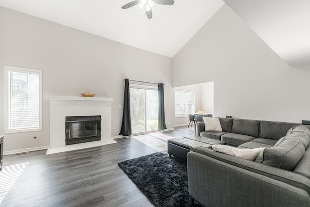 931 Old Oak Cir, Algonquin, IL 60102 - living area with high vaulted ceiling, ceiling fan, a fireplace, wood finished floors, and baseboards