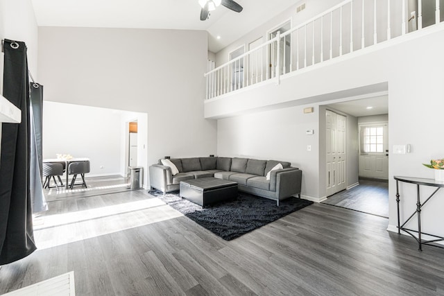 931 Old Oak Cir, Algonquin, IL 60102 - living room featuring high vaulted ceiling, wood finished floors, a ceiling fan, and baseboards