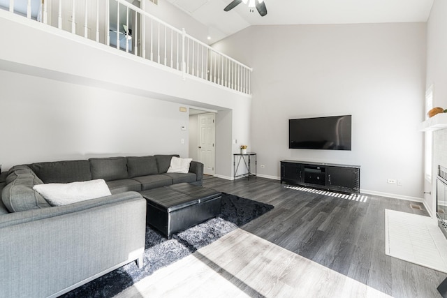 931 Old Oak Cir, Algonquin, IL 60102 - living room with wood finished floors, ceiling fan, high vaulted ceiling, and baseboards