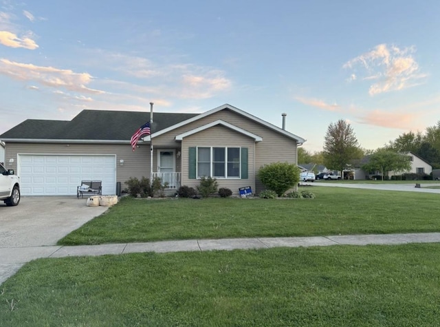 ranch-style home featuring concrete driveway, a front lawn, and an attached garage