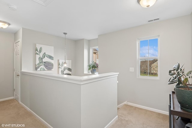 hallway with light colored carpet, an upstairs landing, and healthy amount of natural light