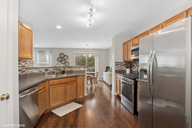 kitchen featuring stainless steel appliances, a sink, a peninsula, backsplash, and dark countertops
