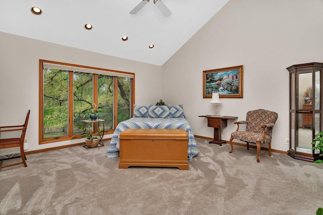 bedroom featuring carpet, high vaulted ceiling, recessed lighting, baseboards, and a ceiling fan
