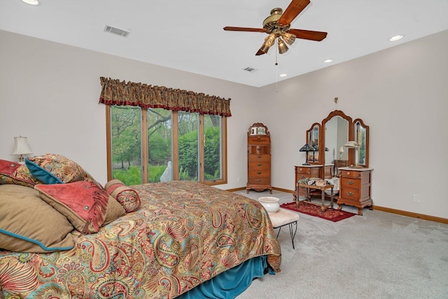 bedroom with carpet floors, baseboards, recessed lighting, and ceiling fan