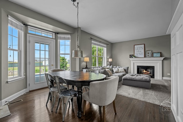 2027 Heatherstone Ct, Plainfield, IL 60586 - dining area with a fireplace, dark wood-style flooring, and baseboards