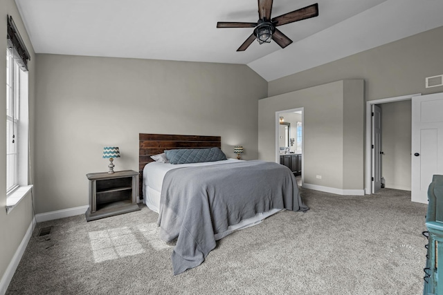 2027 Heatherstone Ct, Plainfield, IL 60586 - bedroom featuring carpet, vaulted ceiling, baseboards, ensuite bath, and a ceiling fan
