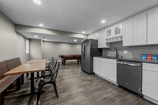 2027 Heatherstone Ct, Plainfield, IL 60586 - kitchen featuring stainless steel dishwasher, a sink, dark countertops, refrigerator with ice dispenser, and recessed lighting