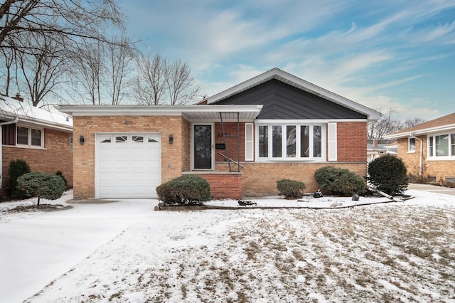 ranch-style home with concrete driveway, brick siding, and a garage