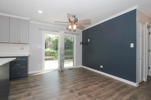 1425 Meghan Ave, Algonquin, IL 60102 - unfurnished dining area with ceiling fan, ornamental molding, dark wood-style flooring, baseboards, and recessed lighting