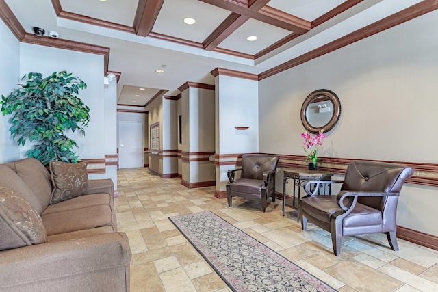 50 N Bokelman Ave Unit 233, Roselle, IL 60172 - community lobby featuring crown molding, coffered ceiling, beamed ceiling, and recessed lighting