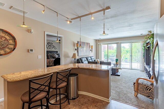 50 N Bokelman Ave Unit 233, Roselle, IL 60172 - kitchen featuring rail lighting, pendant lighting, open floor plan, light stone countertops, and a kitchen island