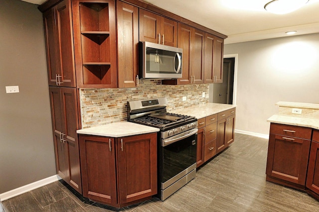 10145 Lawrence Ct, Oak Lawn, IL 60453 - kitchen featuring open shelves, stainless steel appliances, baseboards, and backsplash
