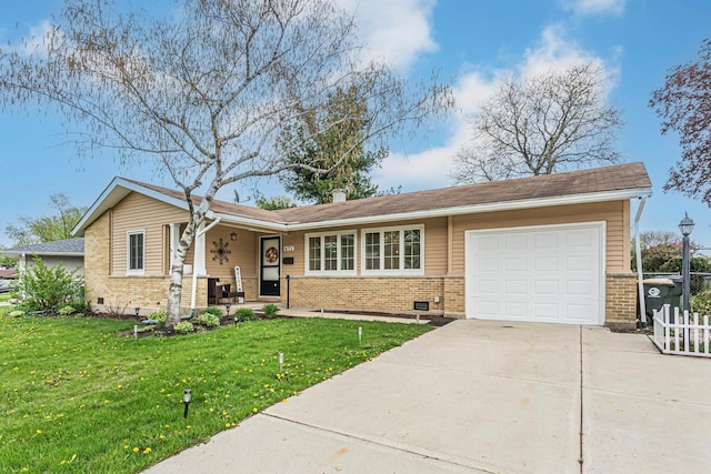 ranch-style house with a garage, crawl space, concrete driveway, a front yard, and brick siding
