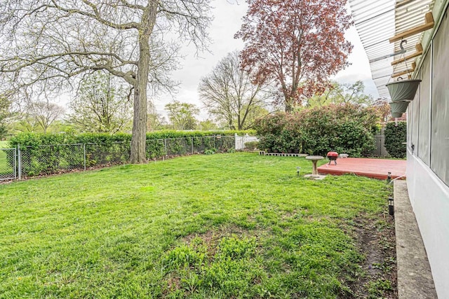 view of yard with a wooden deck and a fenced backyard