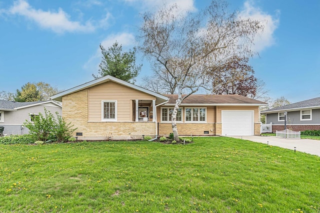 ranch-style house with brick siding, crawl space, concrete driveway, a garage, and a front lawn