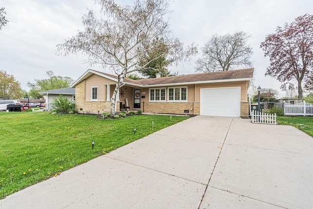 ranch-style house featuring driveway, a garage, fence, and crawl space