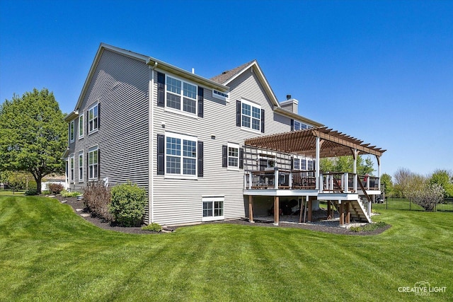 9692 Baumgartner St, Huntley, IL 60142 - back of property featuring a pergola, a deck, stairway, and a chimney